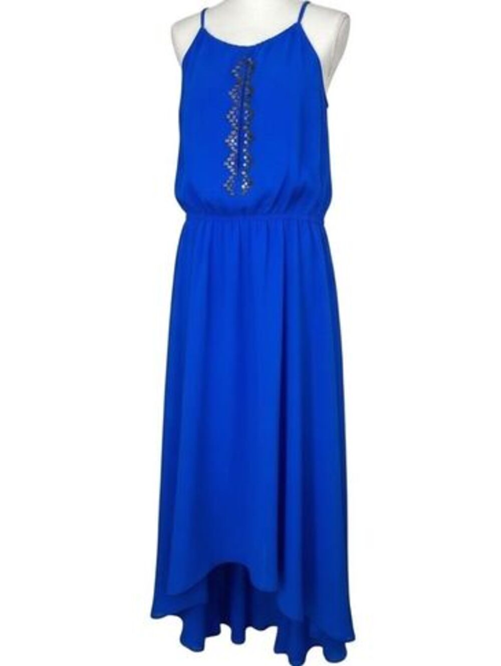 RED Saks Fifth Avenue Royal Blue Beaded High Low Maxi Dress Small Evening